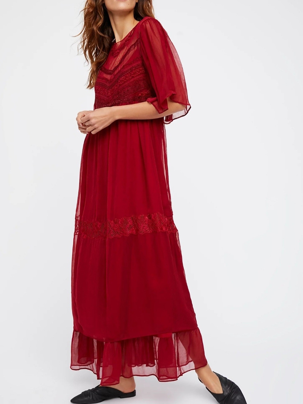 NWT Free People In The Field Midi Dress S Red Lace Victorian Cottagecore Flowy
